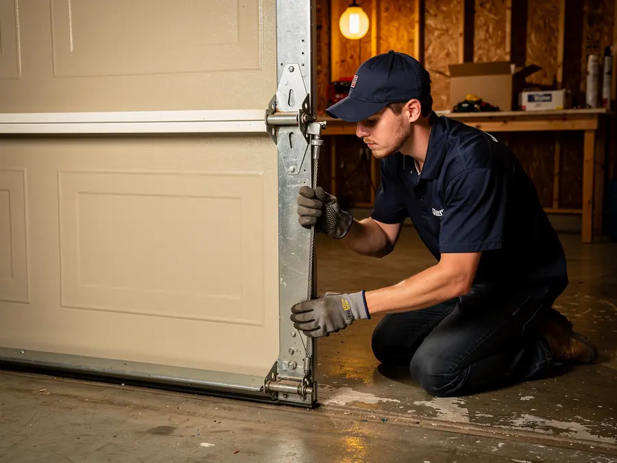 A technician kneels while adjusting the bottom of a beige garage door.
