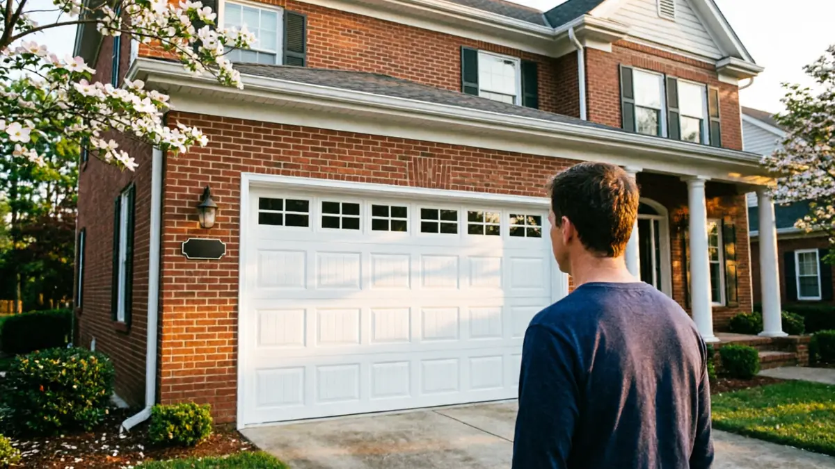 A man stands in a driveway looking at a white garage door on a brick house.
