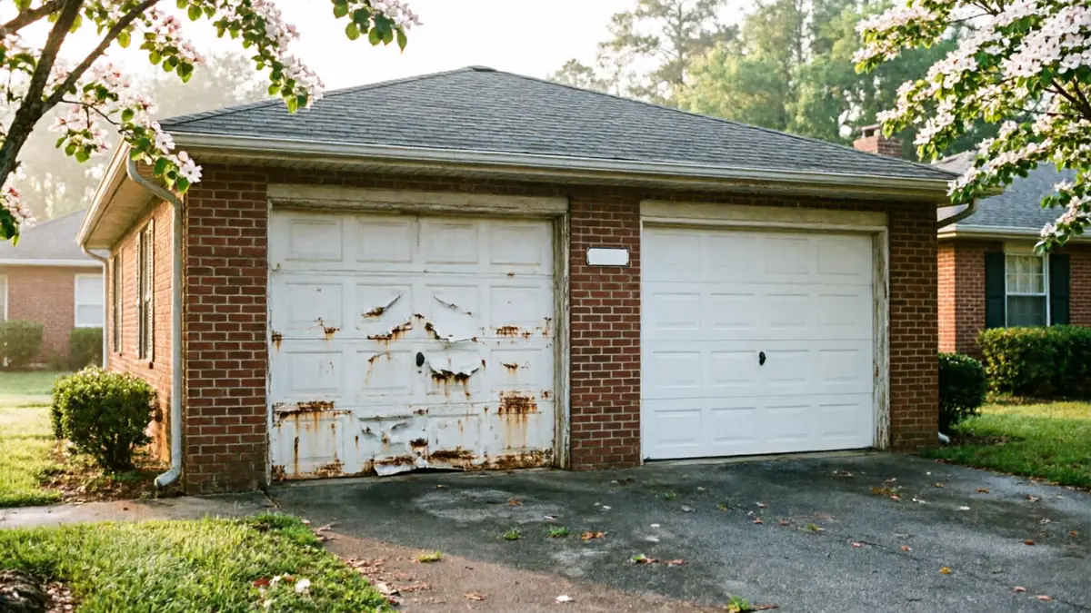 A brick garage has two white garage doors, one old and rusty, one new.
