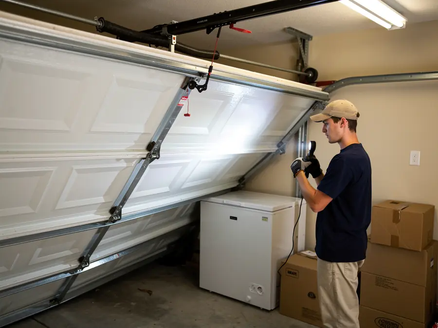 A technician shines a flashlight on the inside of a white garage door.