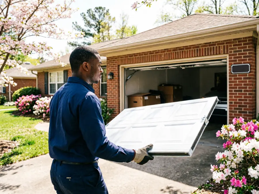 A technician carries a white garage door panel toward an open garage.