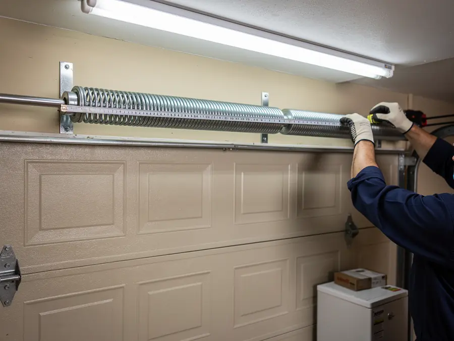 A technician measures a torsion spring above a beige garage door.