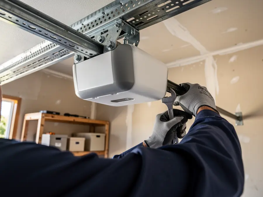 A technician adjusts a garage door opener with a wrench.