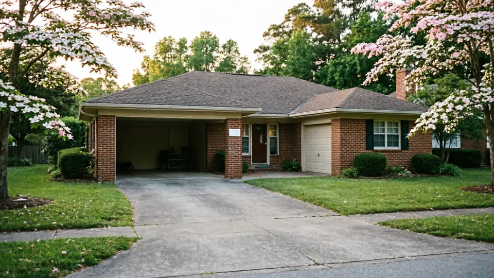 A brick house with a carport and a beige garage door.