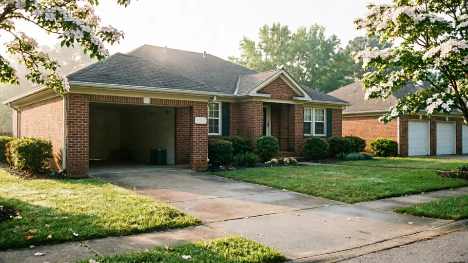 A brick house with an open garage and a blooming tree in the foreground.