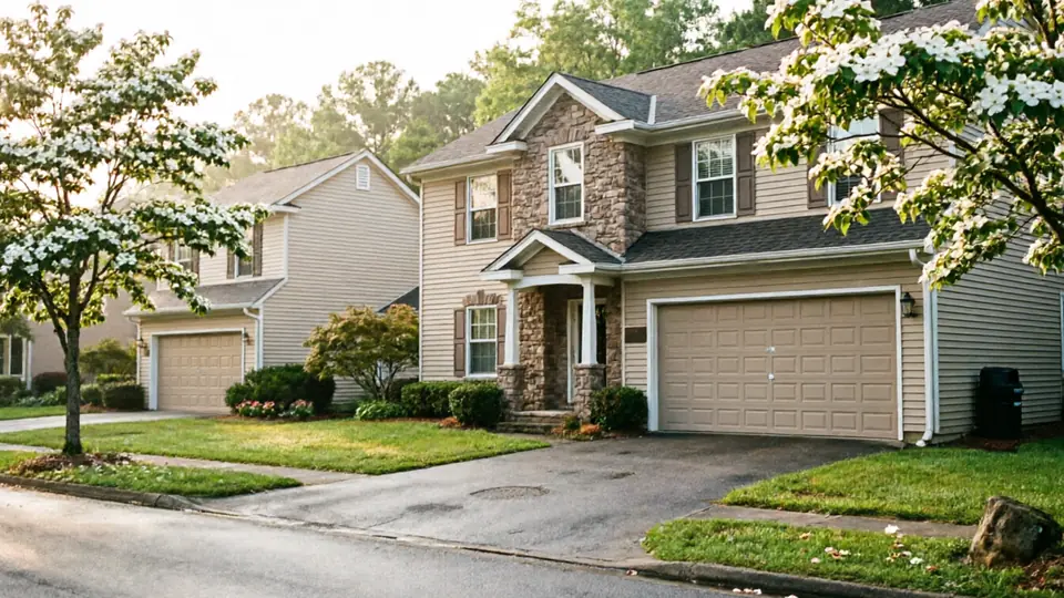 Two houses with tan garage doors and flowering trees line a street.
